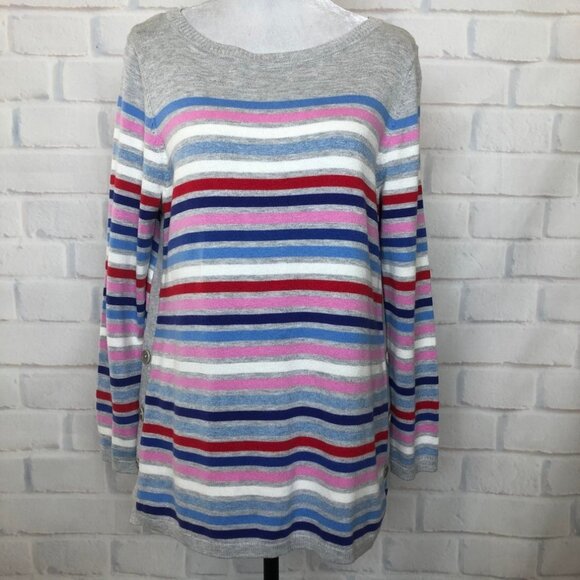 Talbots Gray Striped Sweater Petite Size PL Button Sides - Picture 1 of 8